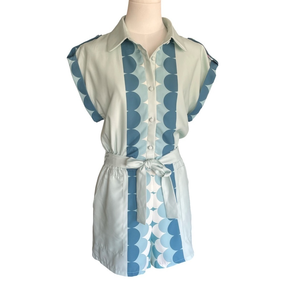 Ciebon Anthropologie Theresa Dot Print Sage Green Blue and White Romper Small